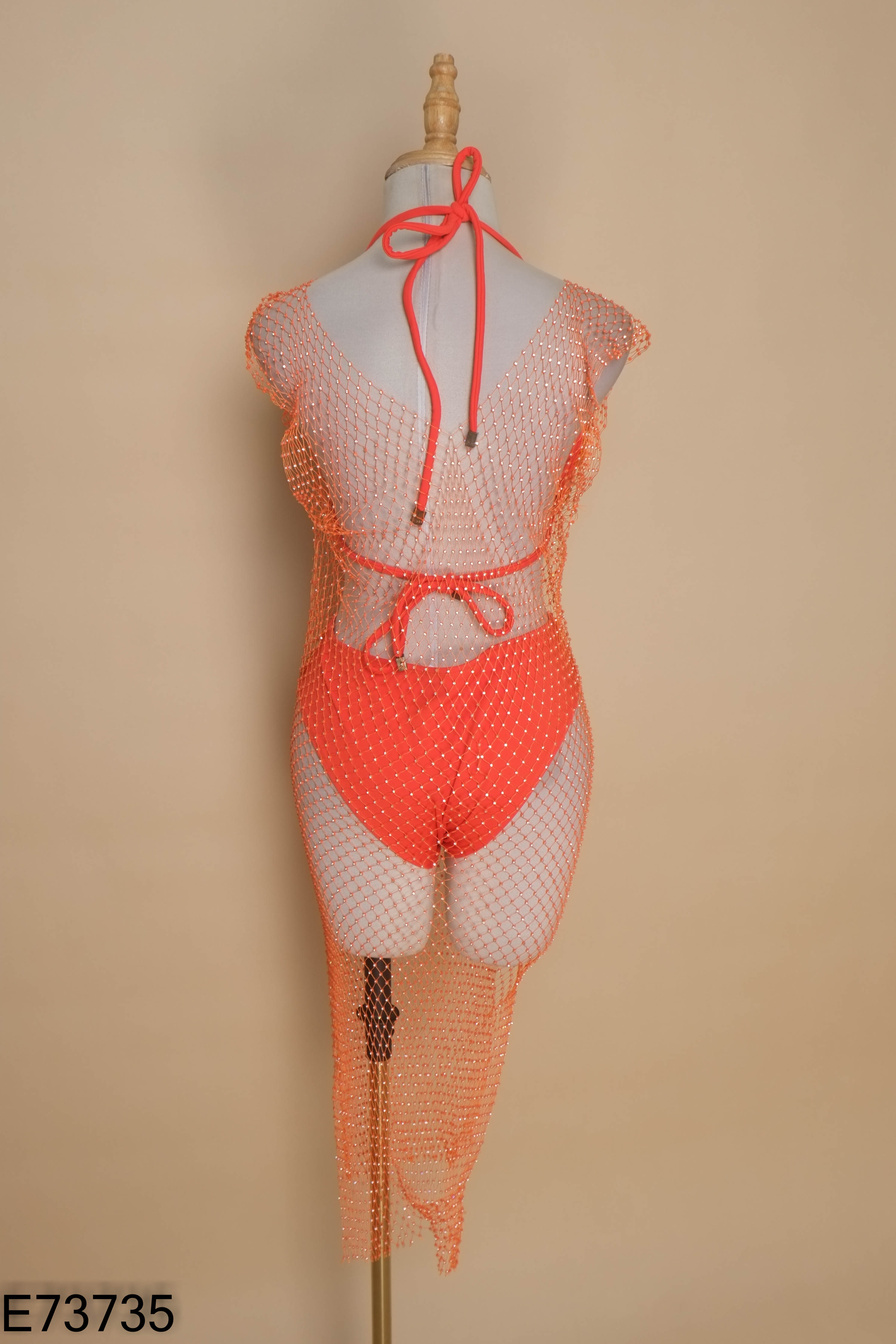 Set Bikini đỏ đính cườm phối áo lưới
