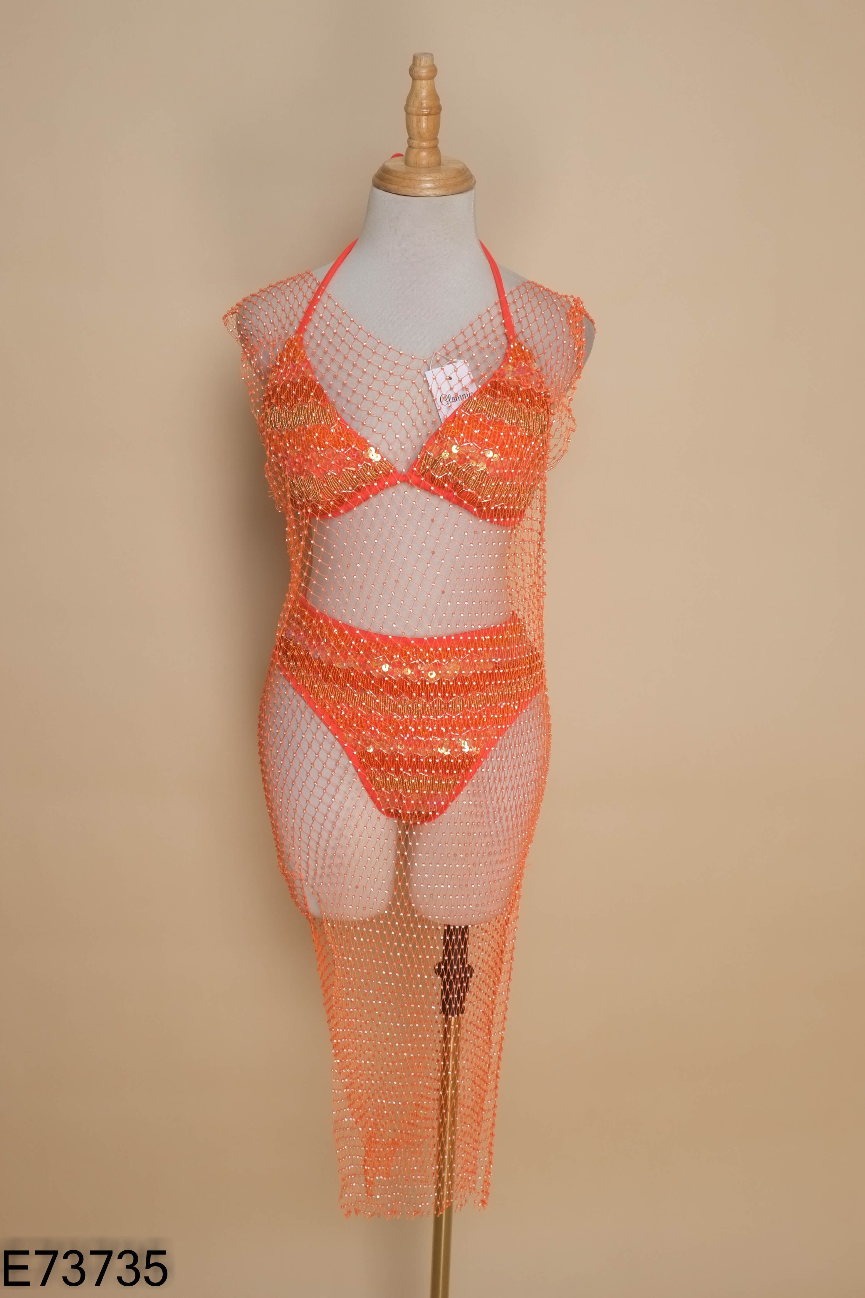 Set Bikini đỏ đính cườm phối áo lưới