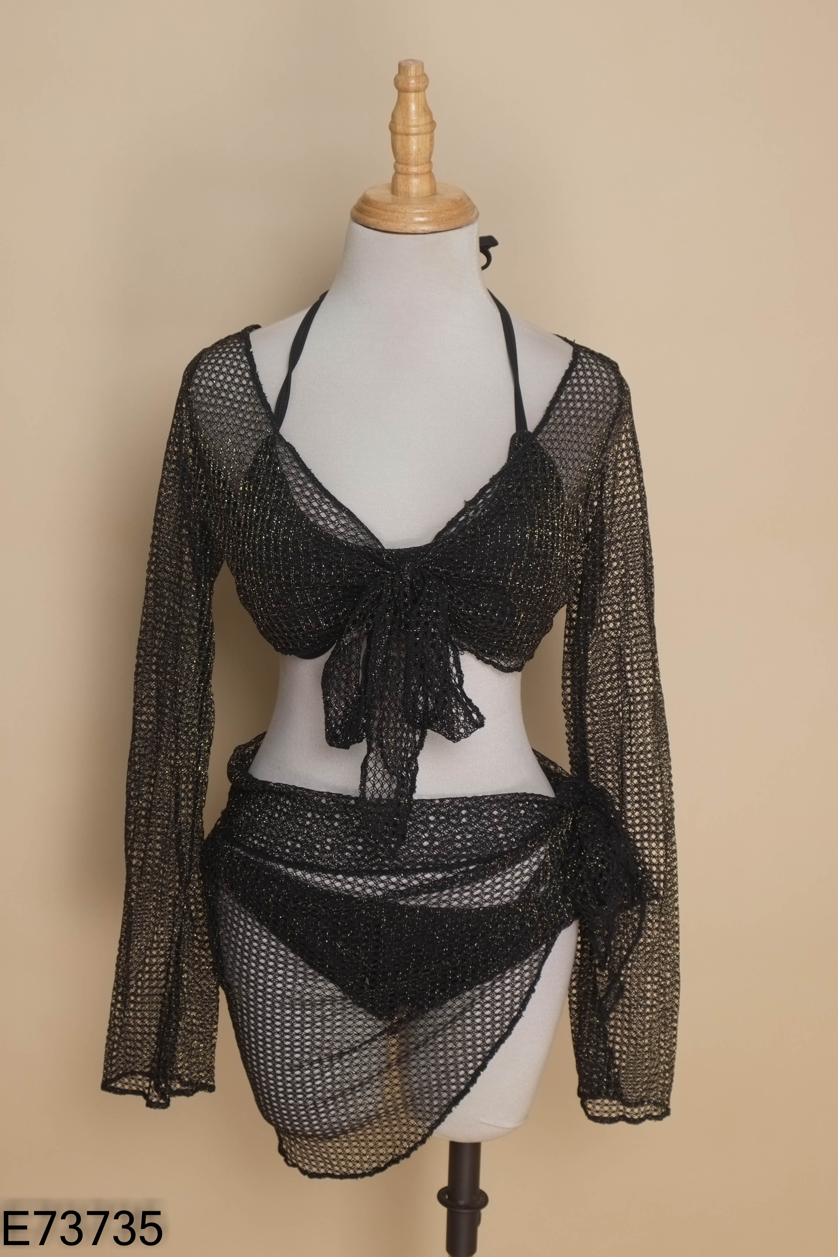 Set 4 món Bikini đen phối nhũ vàng