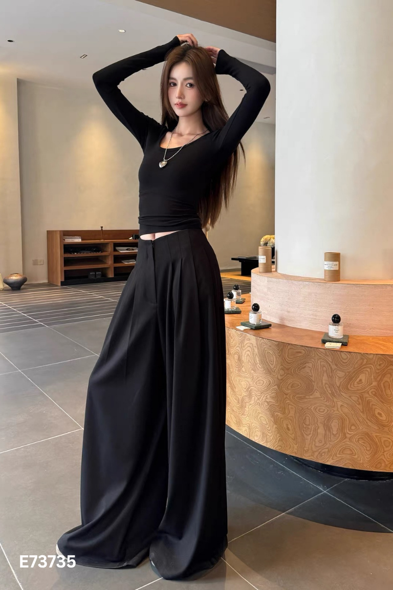 Quần suông đen ly eo ống rộng