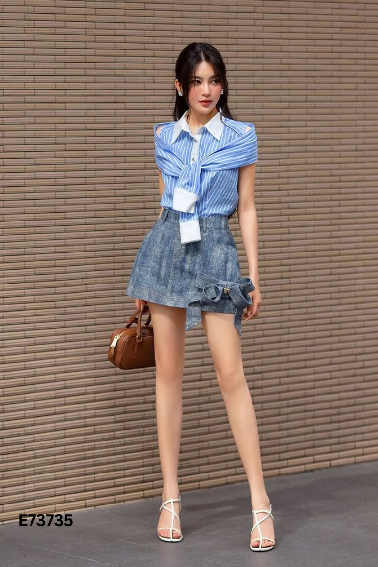 Chân váy jeans K CLOSET xanh phối nơ