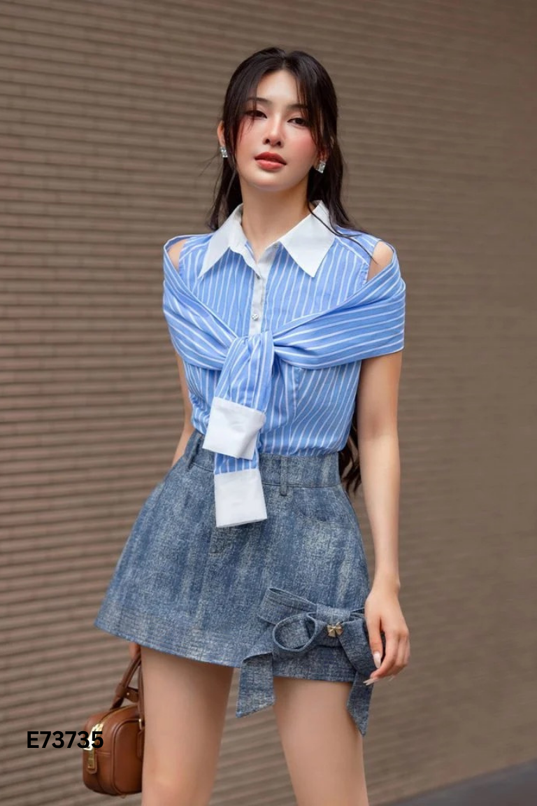 Chân váy jeans K CLOSET xanh phối nơ