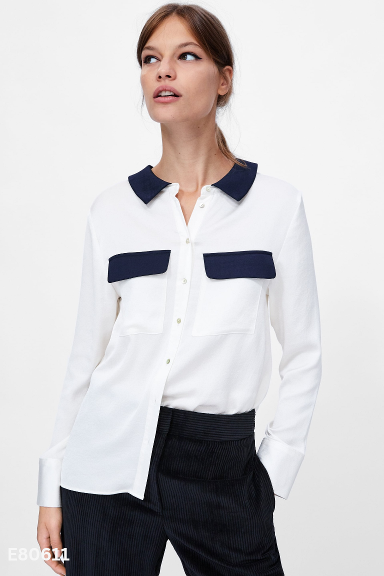Áo sơ mi trắng phối cổ xanh ZARA (xuất)