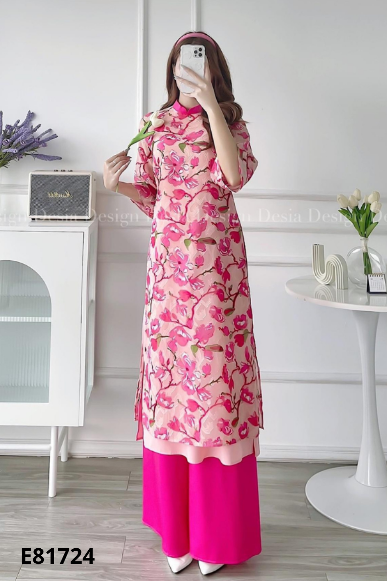Set áo dài hồng 4 tà + quần hồng