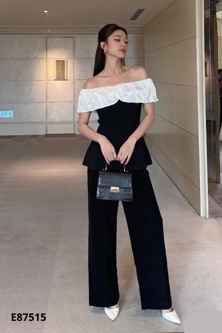 Áo trễ vai đen phối be