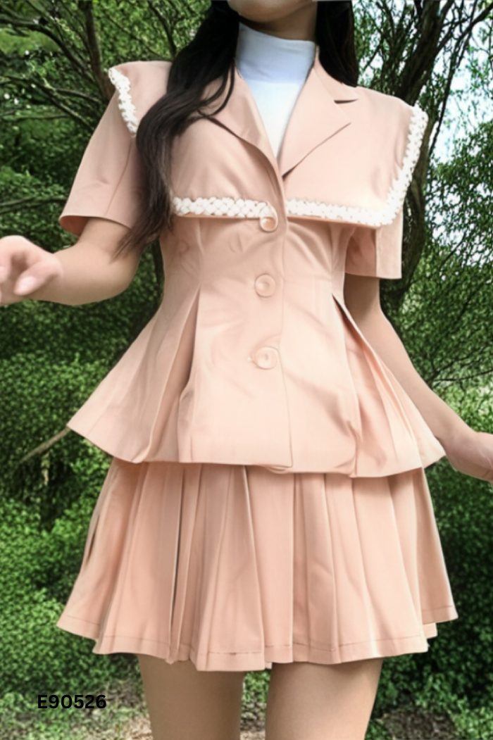 NEWTAG SET MEIMEI STUDIO Áo nâu cổ vest + chân váy dập ly