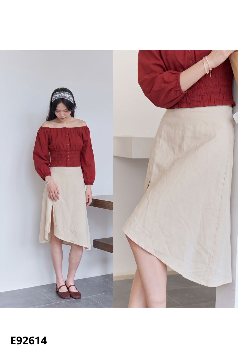 Set Áo đỏ trễ vai + chân váy be