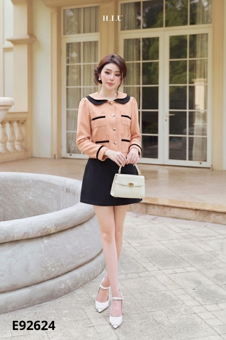 Set áo sơ mi nâu cổ sen + quần giả váy