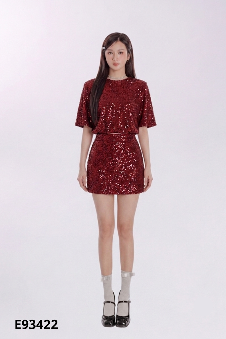 Set Áo nhung đỏ MY WAY mix sequin + Chân váy