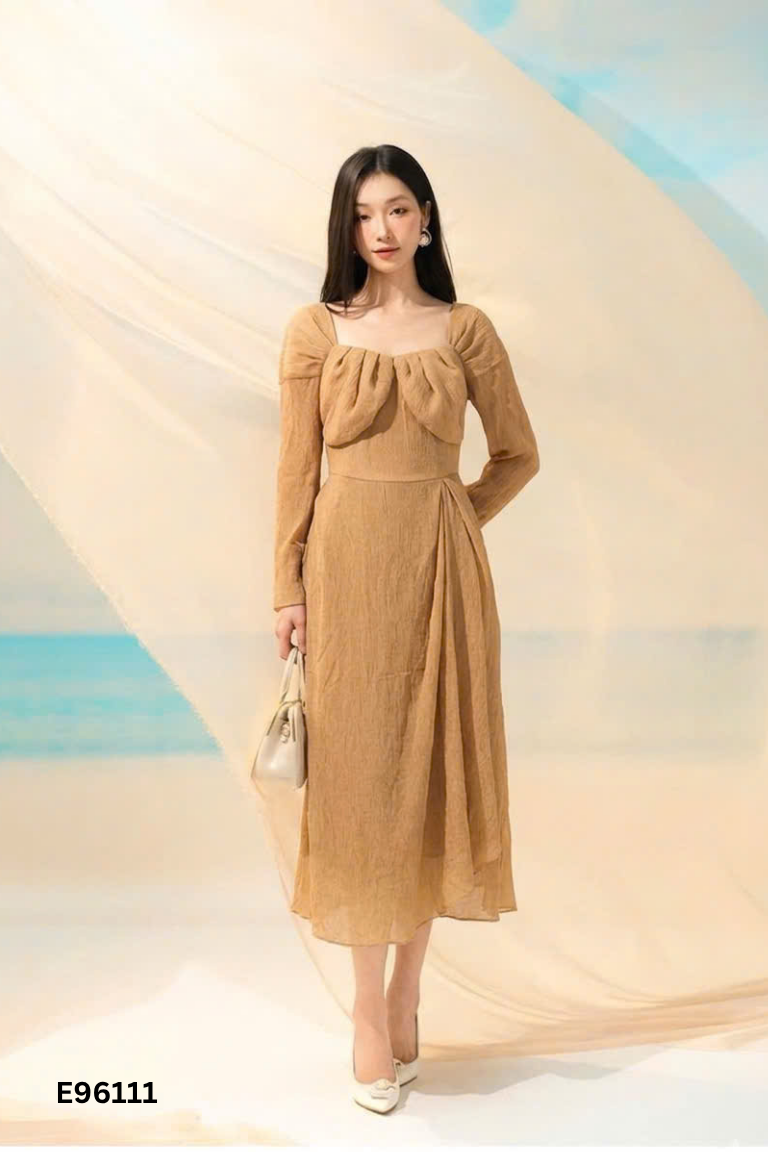 Váy voan nhún nâu cổ vuông