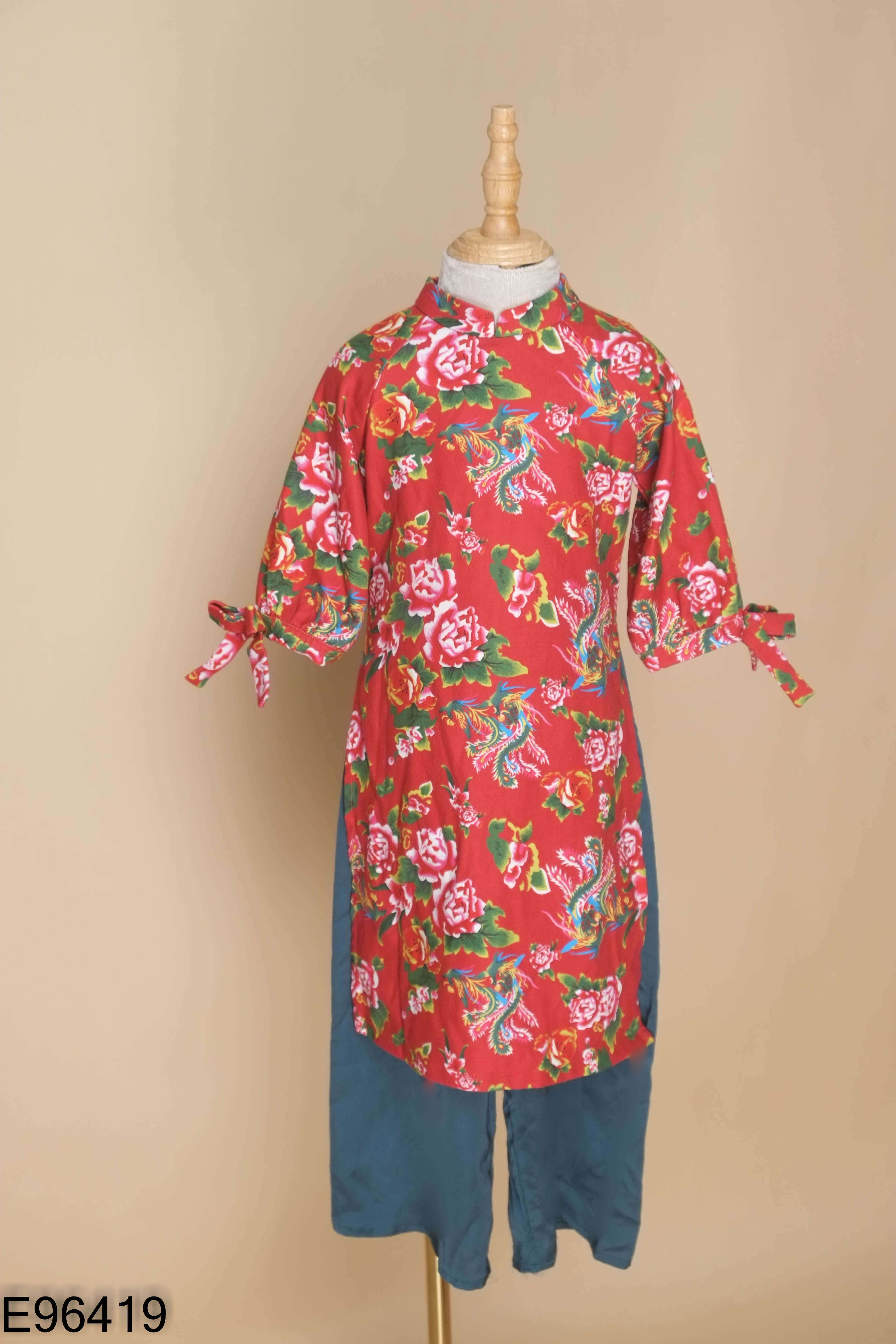 Set Áo dài đỏ họa tiết + quần KIDS