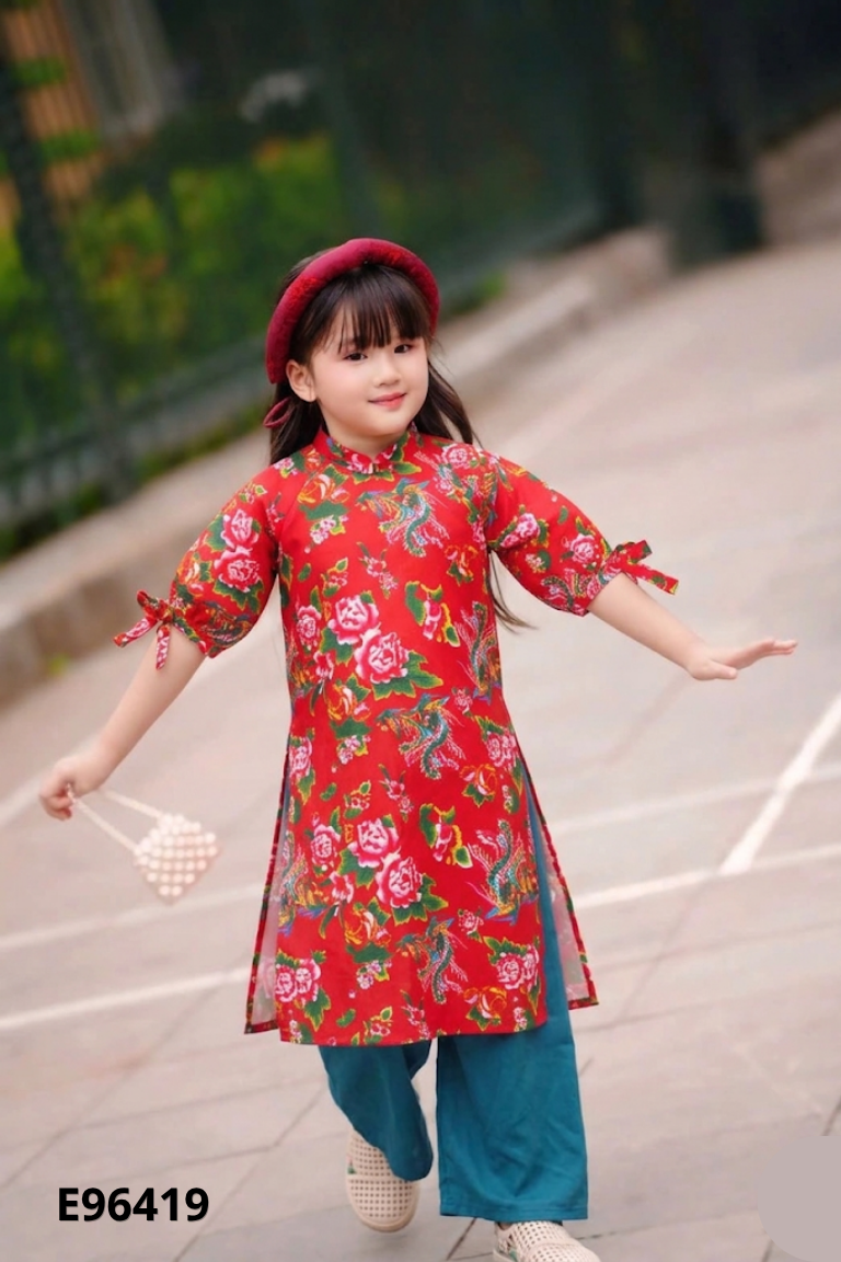 Set Áo dài đỏ họa tiết + quần KIDS