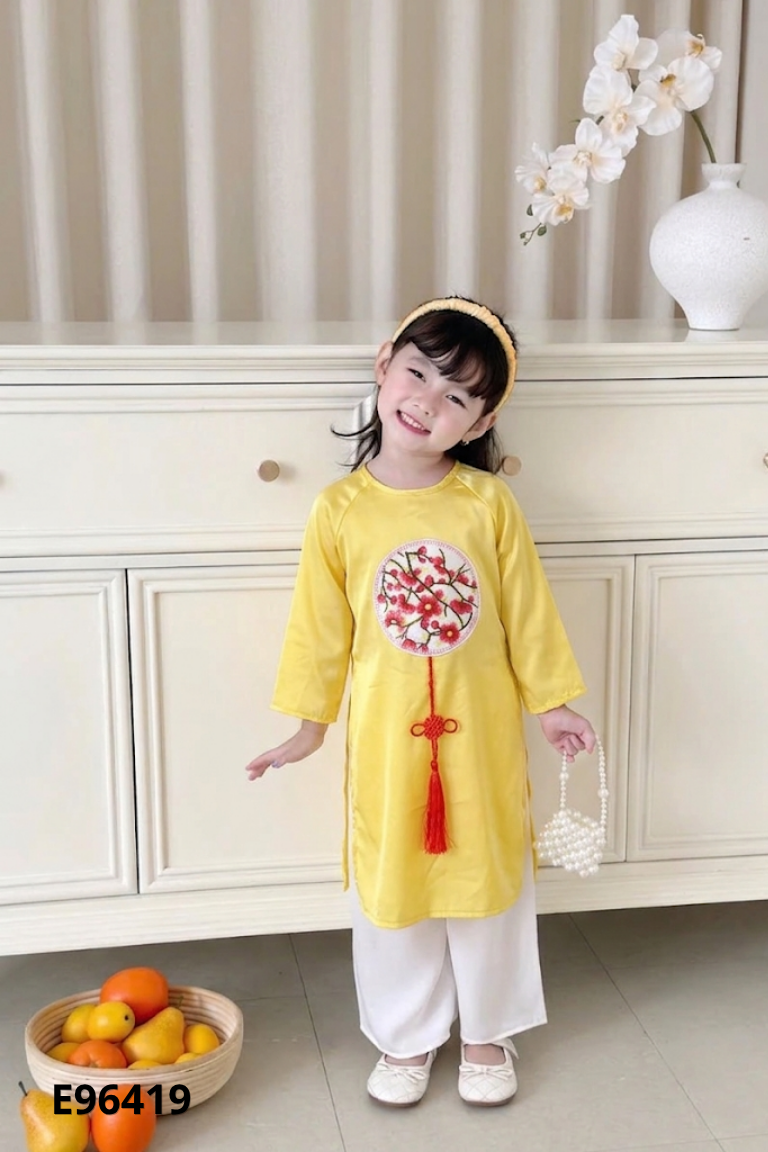 Áo dài lụa vàng thêu hoa KIDS