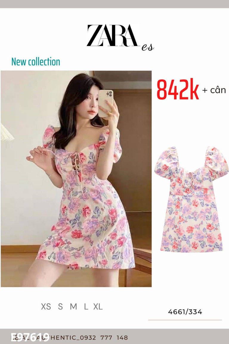 Váy hồng hoa ZARA tay phồng