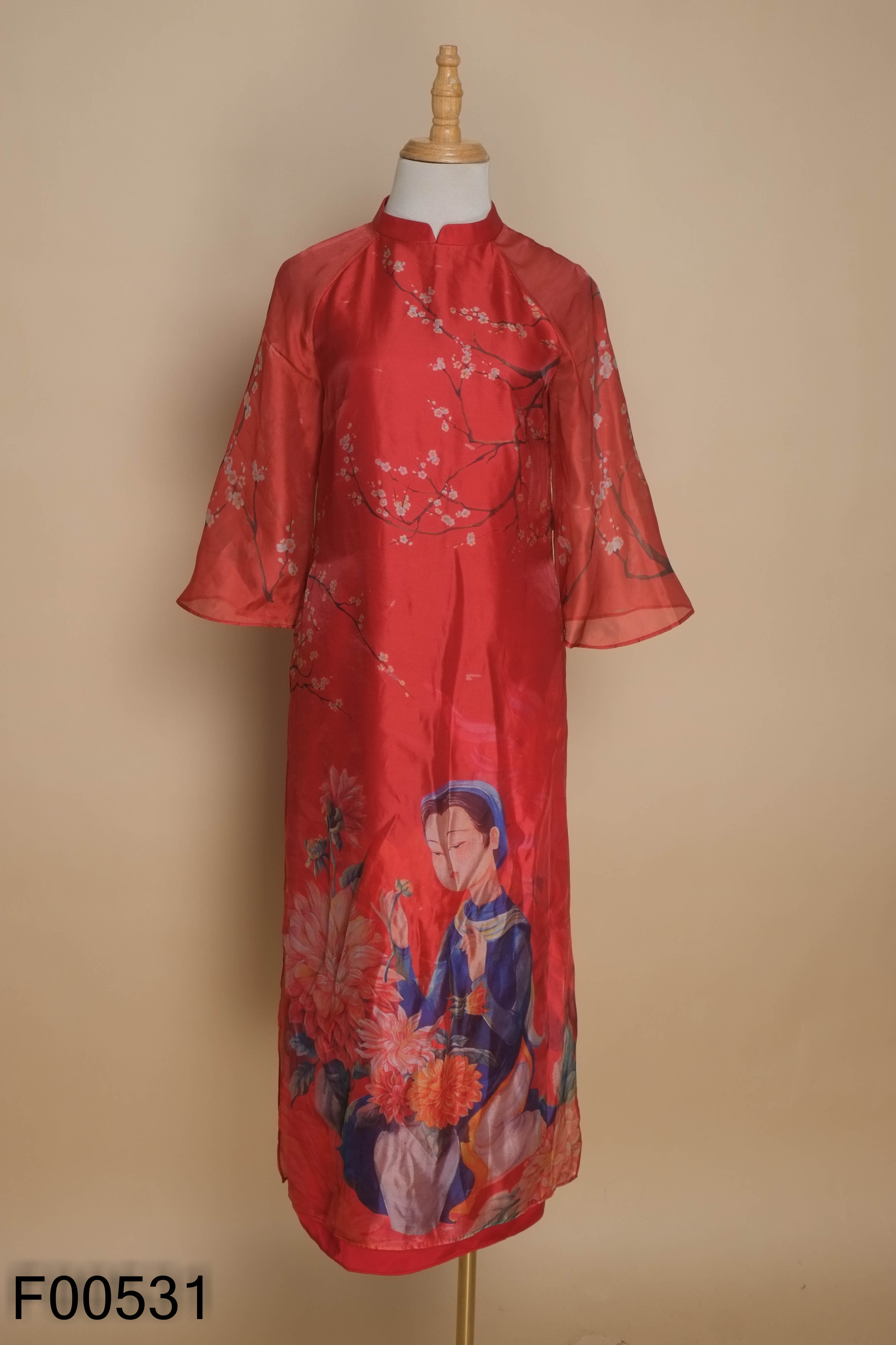 Áo dài D.CHIC đỏ họa tiết