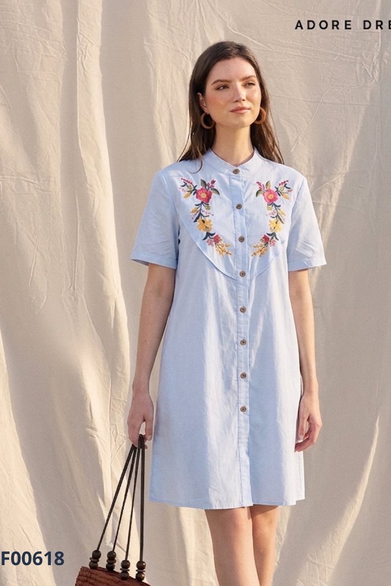 Váy xanh thêu hoa suông ADORE DRESS