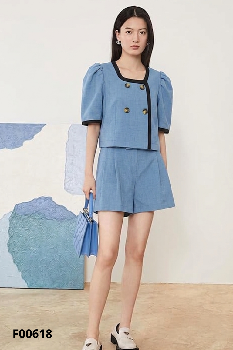Set Áo xanh phối cúc ngắn + Quần short công sở