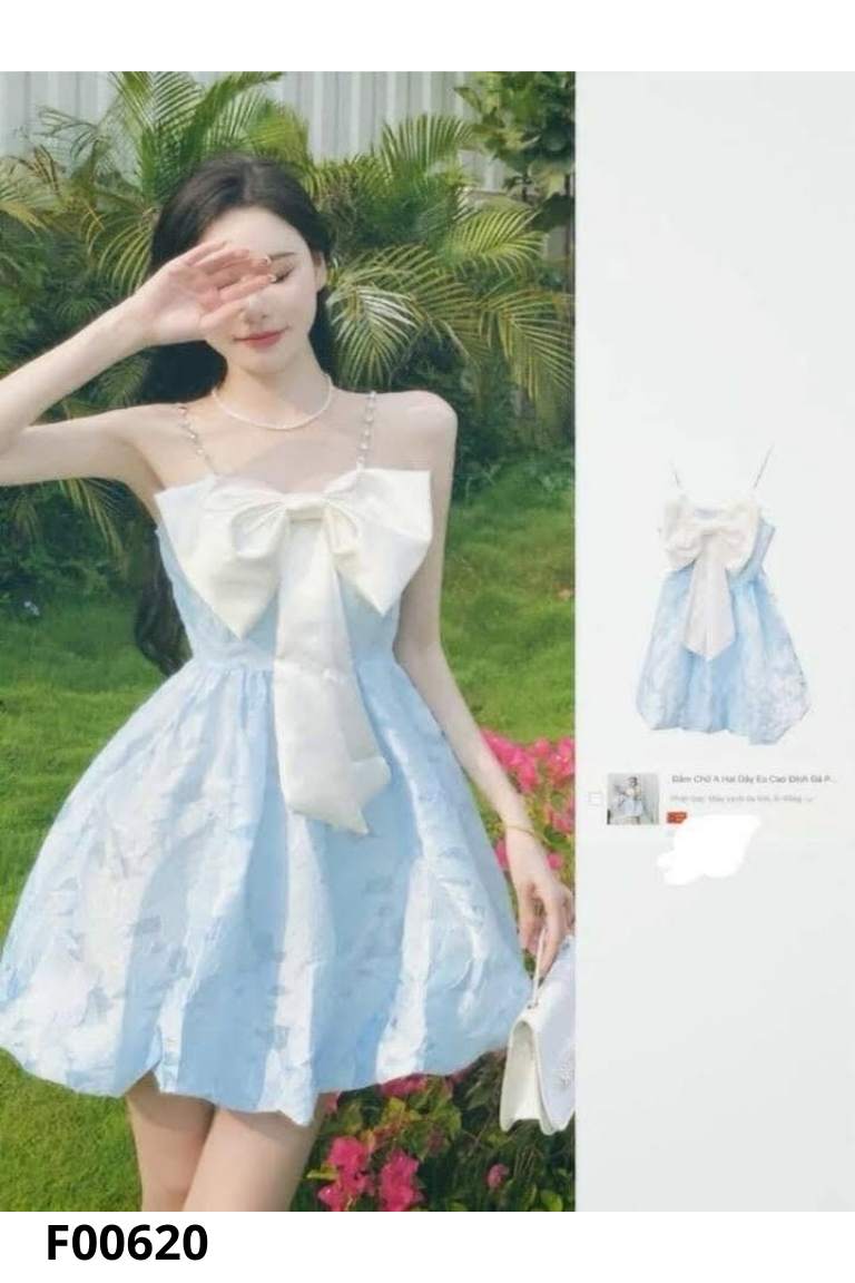Áo babydoll cúp ngực xanh nơ trắng