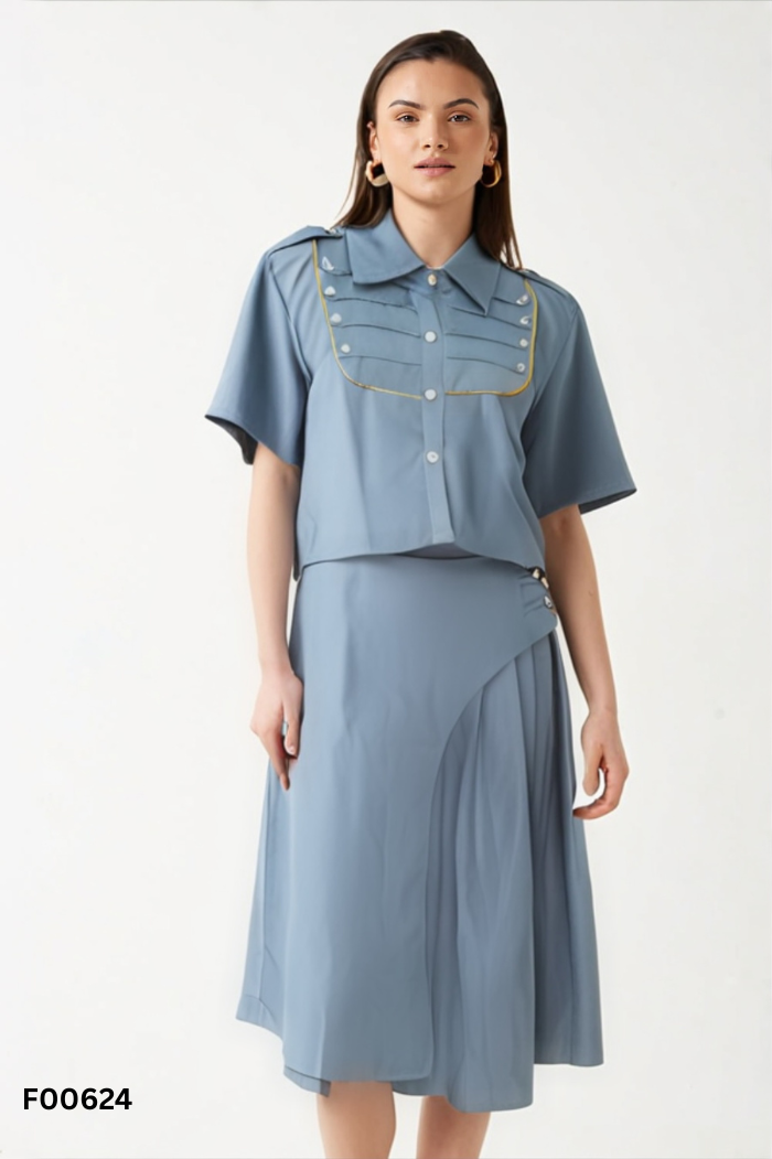 NEWTAG SET Áo xanh cúc ngọc + chân váy