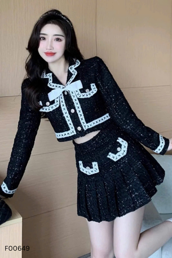 Set Áo dạ đen viền trắng + chân váy
