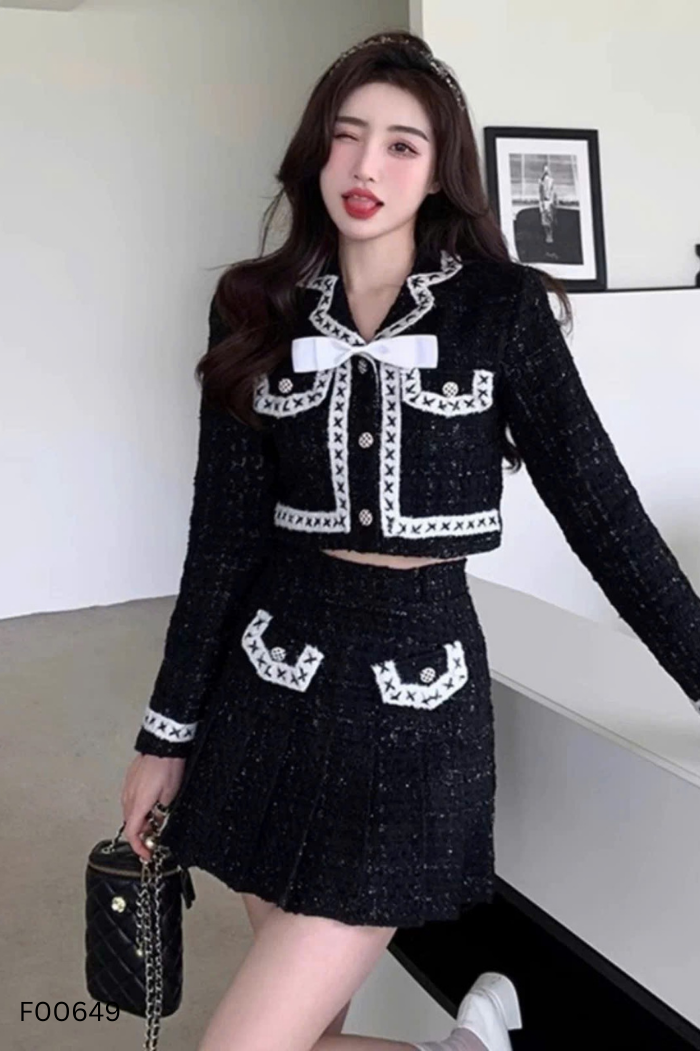 Set Áo dạ đen viền trắng + chân váy