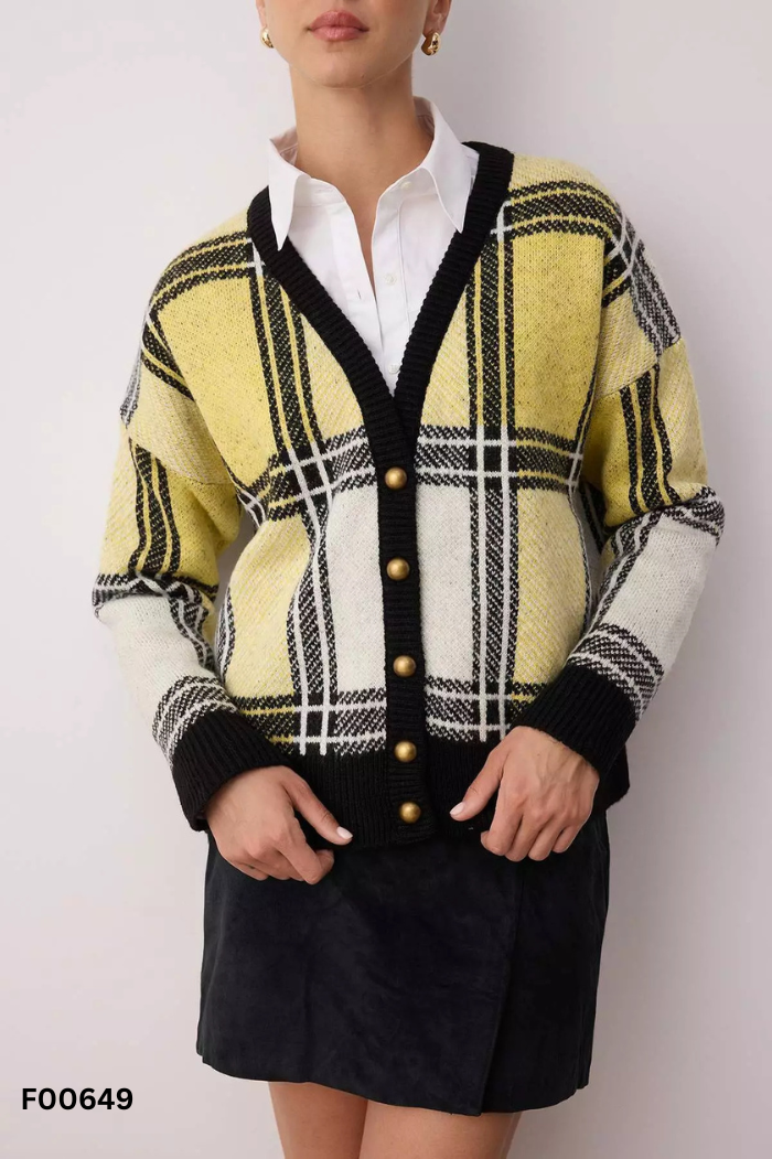 Áo len vàng kẻ phối cúc (ZARA xuất)