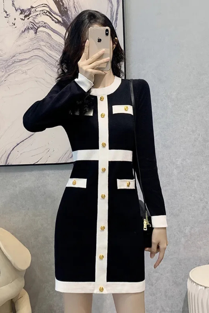 Váy len đen phối trắng