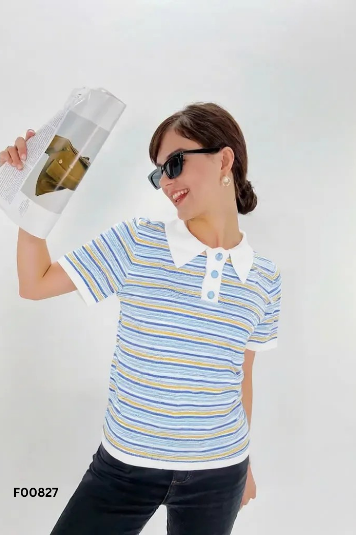 Áo kẻ xanh vàng cổ trắng