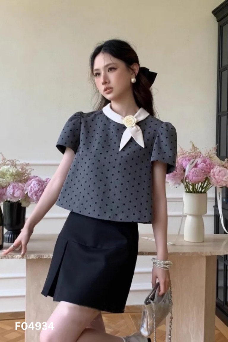 NEWTAG AYLAR DESIGN áo ghi chấm bi cổ nơ