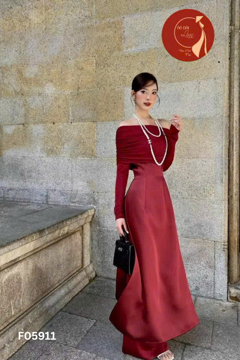 Set Áo dài đỏ trễ vai + quần lụa đỏ