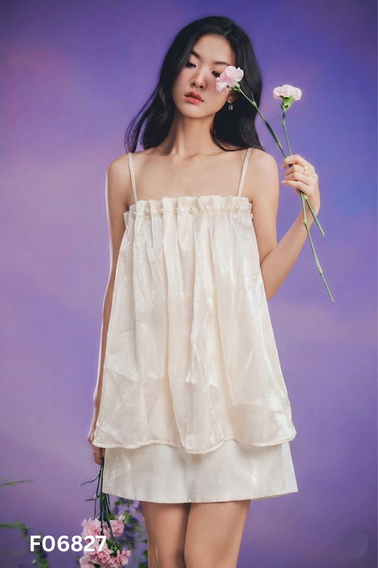 Set KHIẾT áo voan be + chân váy taffa be