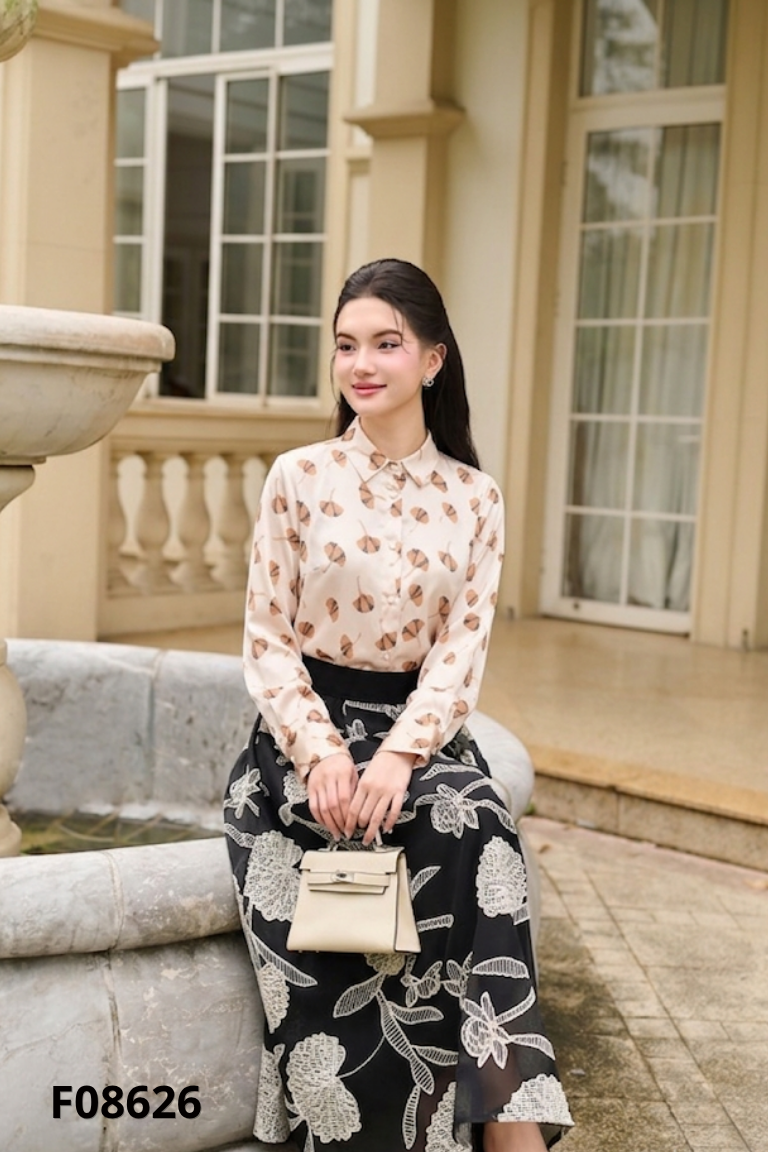 Áo sơ mi lụa hồng MAGONNS họa tiết