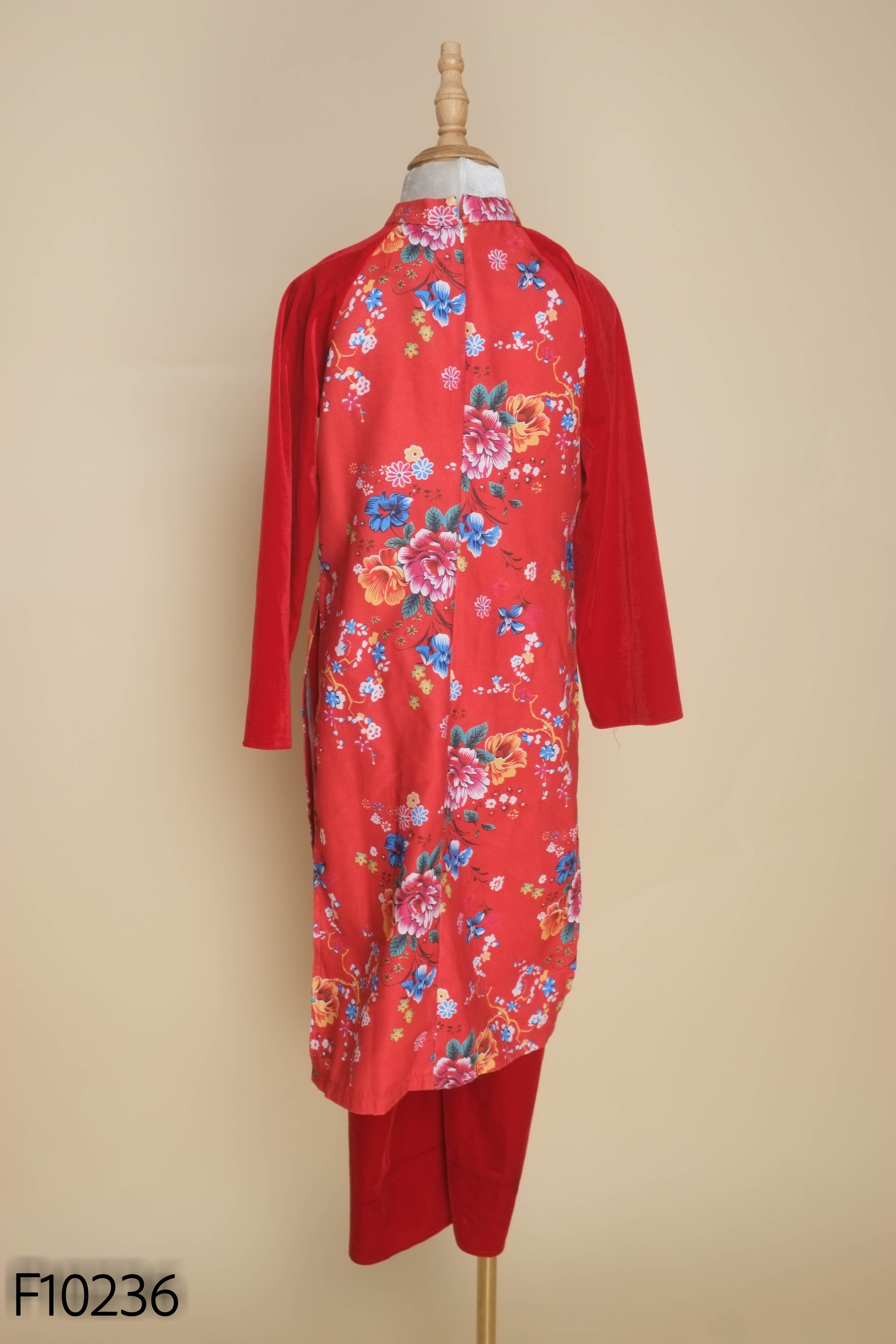 Set Áo dài đỏ hoa + quần nhung KIDS
