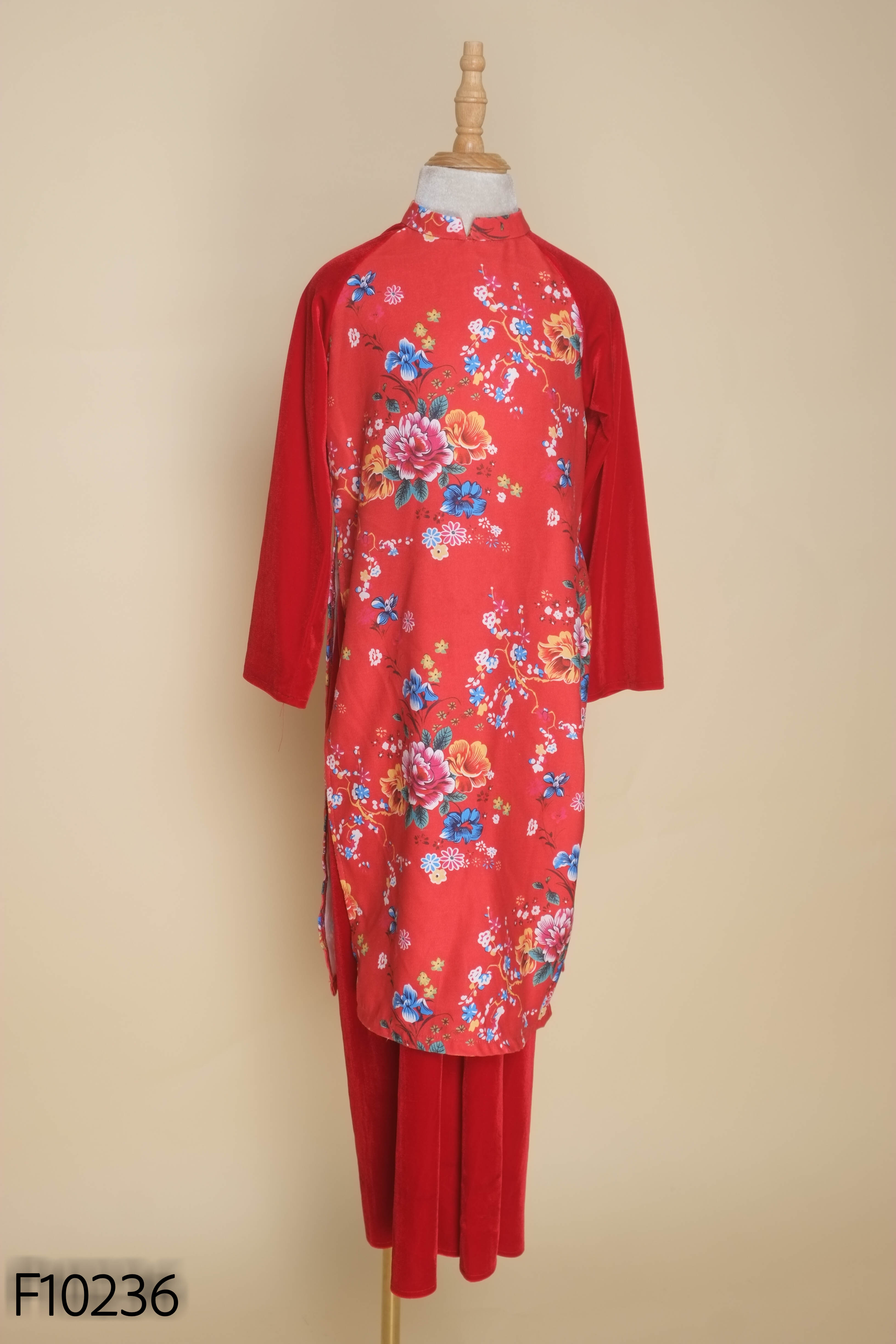 Set Áo dài đỏ hoa + quần nhung KIDS