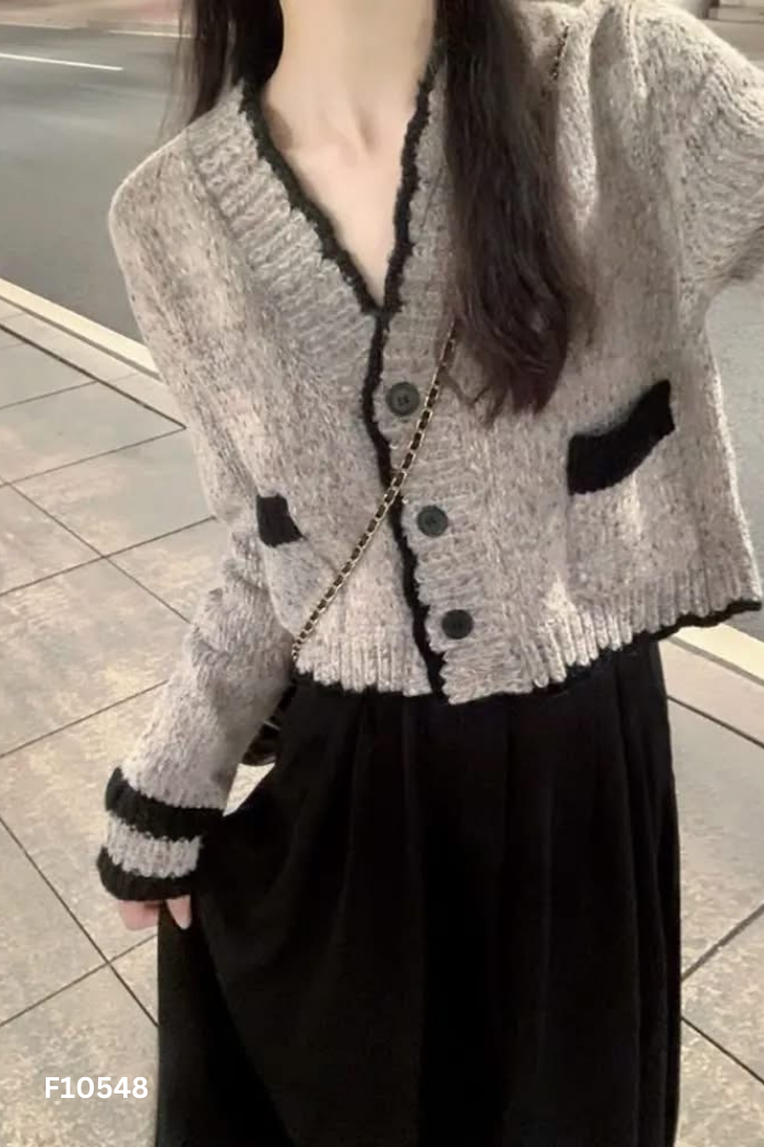 Áo len cardigan xám phối viền đen