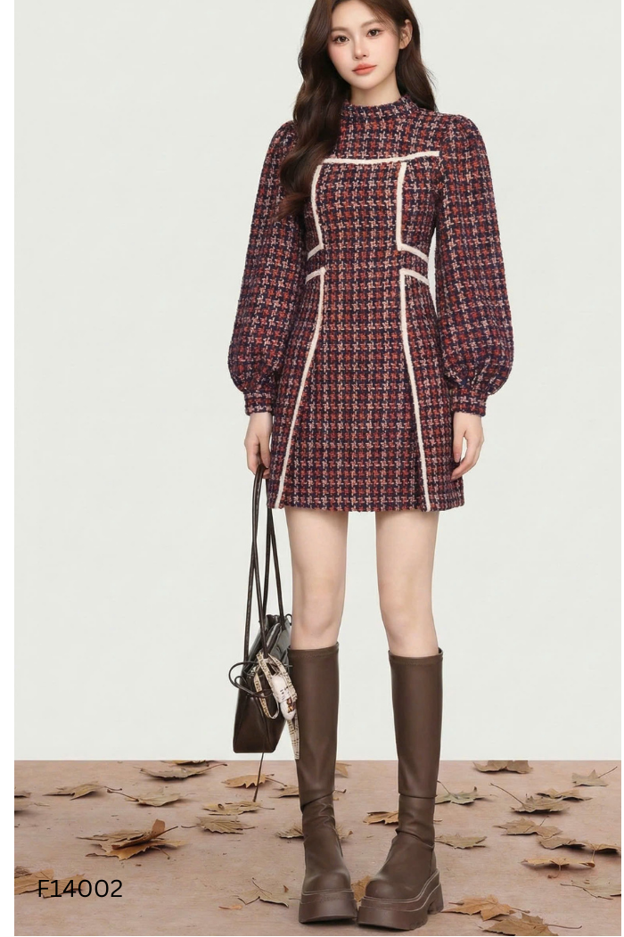Váy TANTALIZING dạ tweed xanh phối đỏ