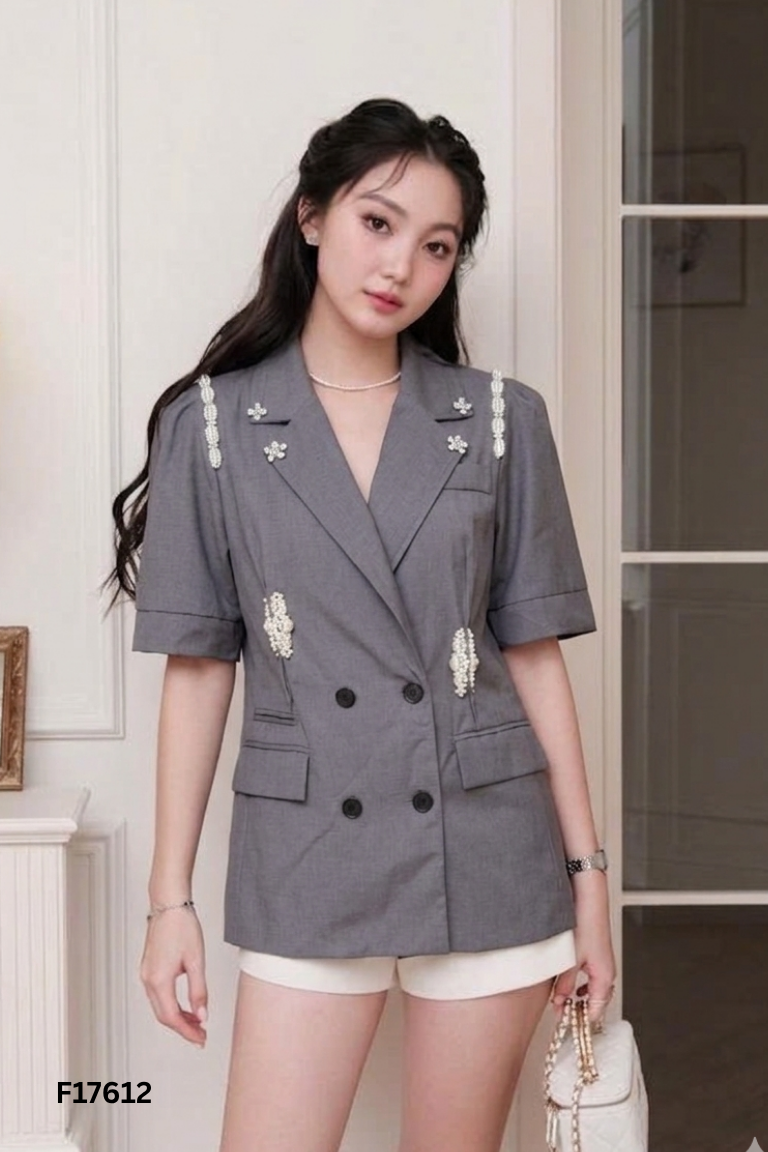 NEWTAG Áo xám dáng blazer đính ngọc