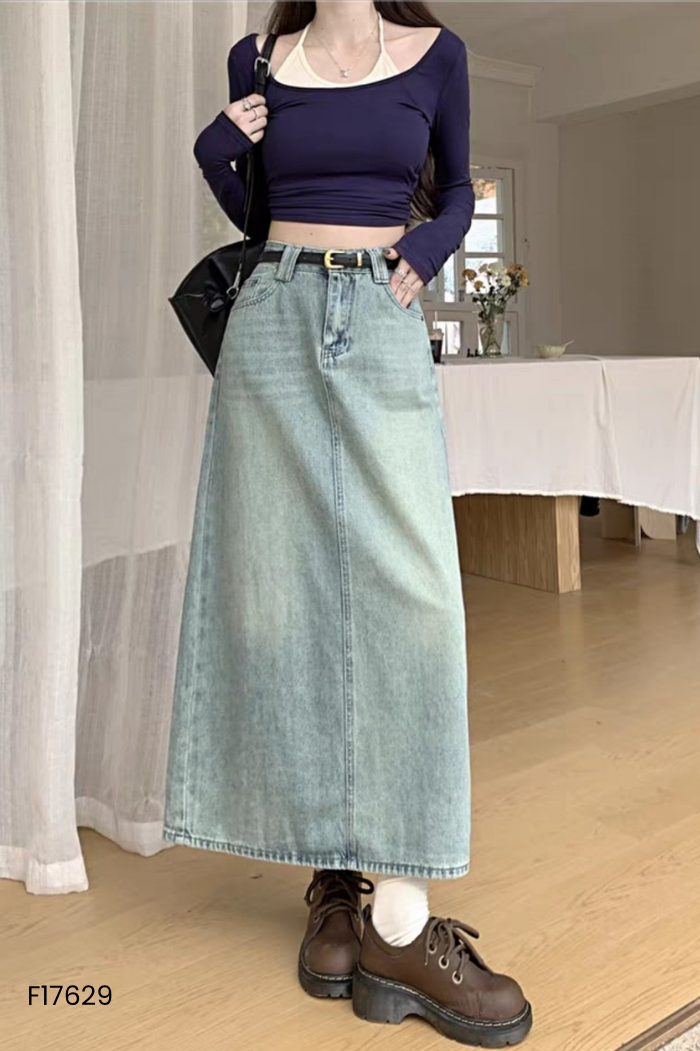 Chân váy jeans xanh trơn