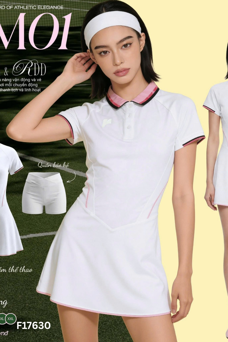 Váy tập RIKI trắng viền hồng (kèm quần)
