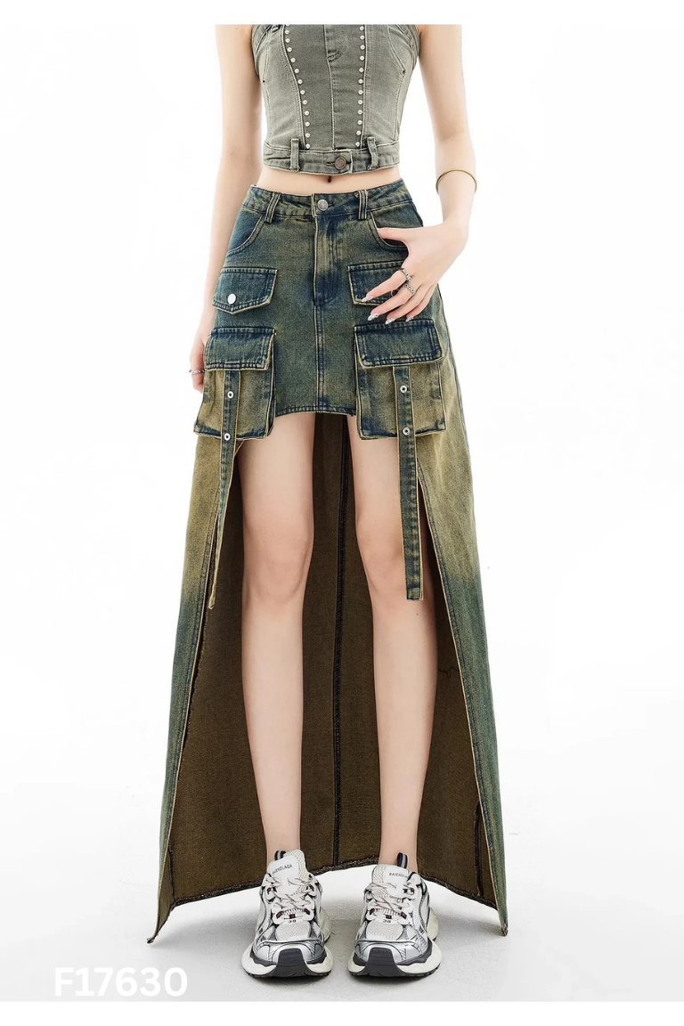 Chân váy jeans xanh túi hộp