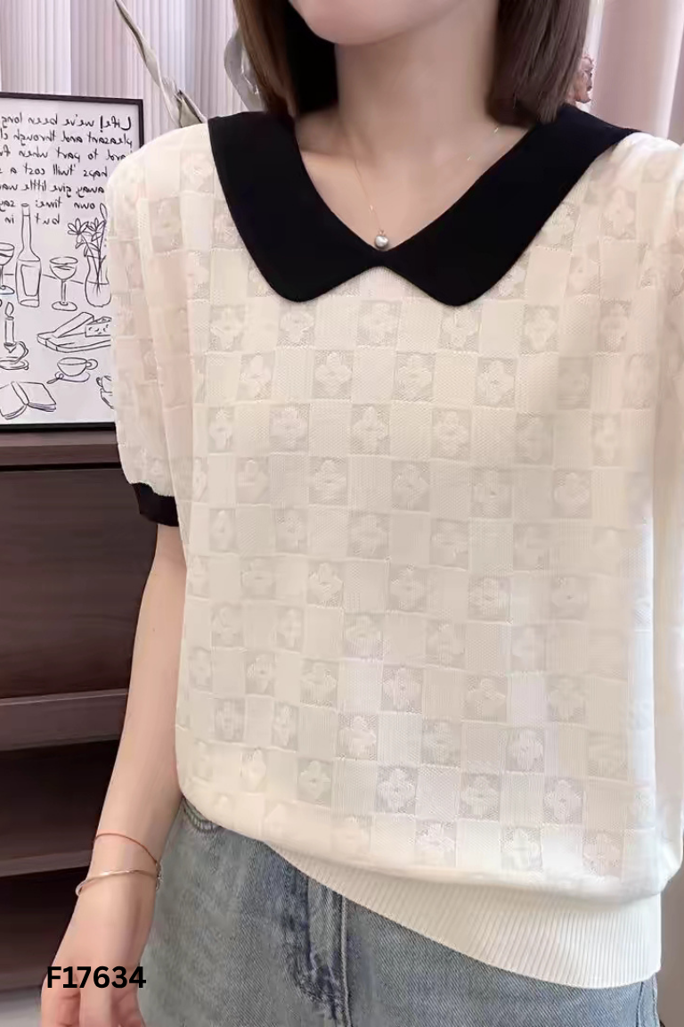 Áo len monghito trắng kem cổ đen