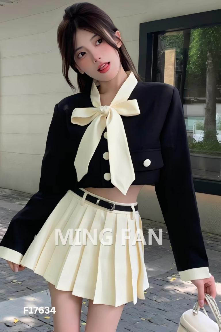 Áo đen cổ be buộc nơ