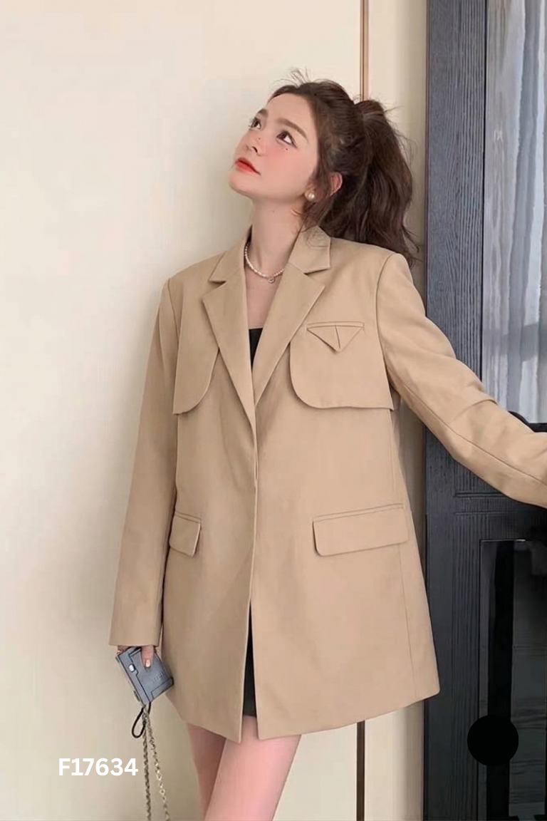 NEWTAG Áo blazer be phối vạt