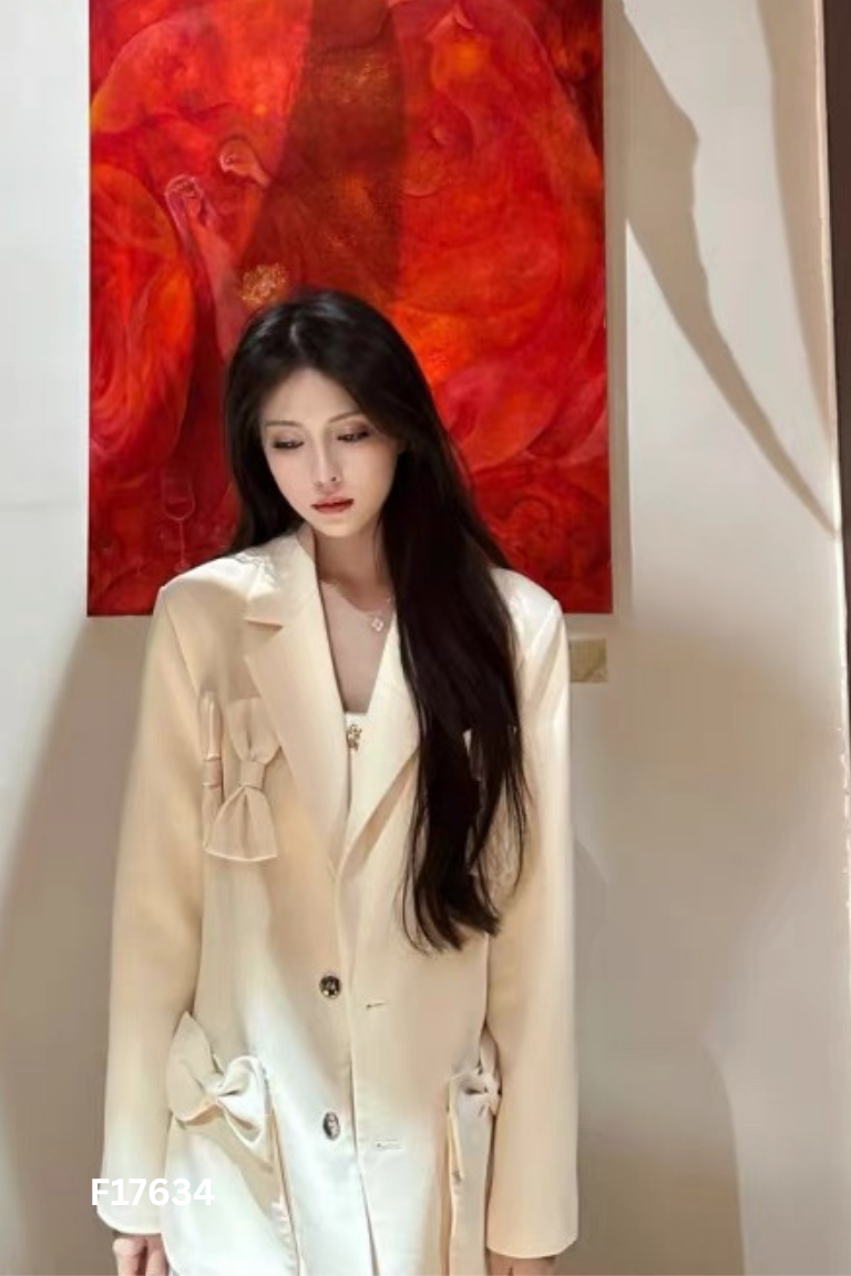 NEWTAG Áo blazer trắng kem phối nơ