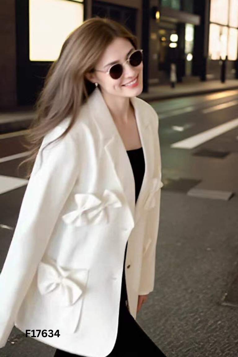 NEWTAG Áo blazer trắng kem phối nơ