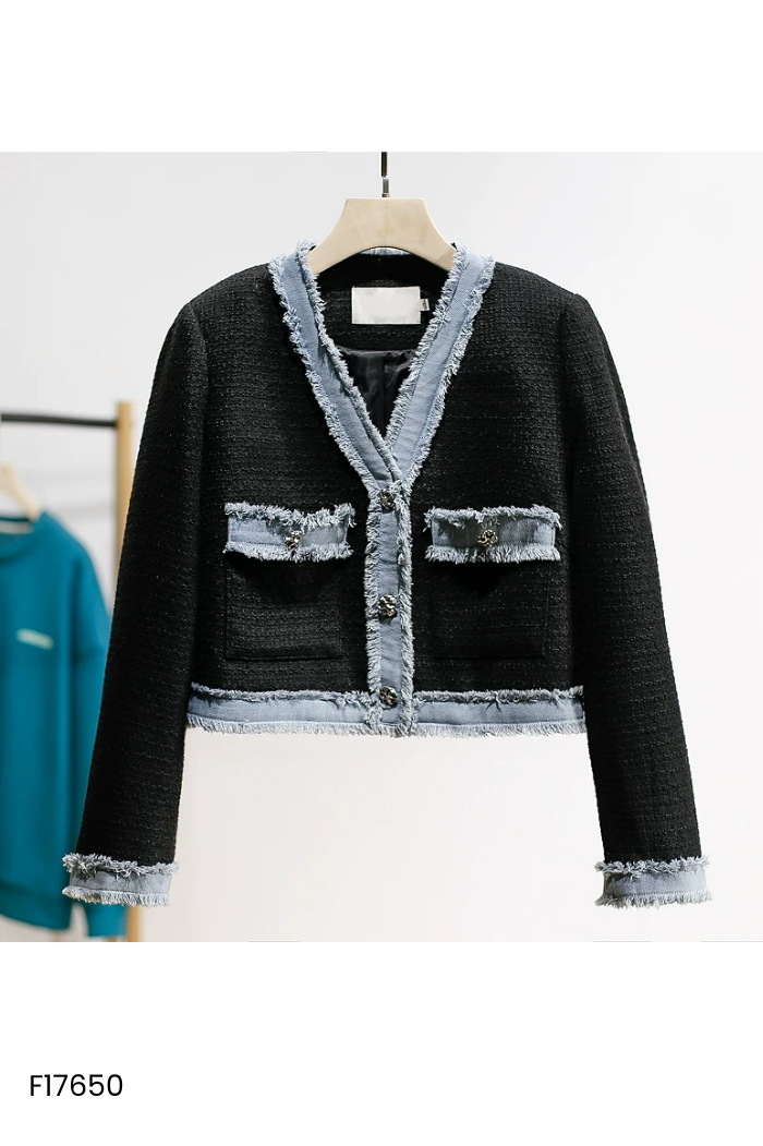 Áo khoác dạ đen viền jeans xanh