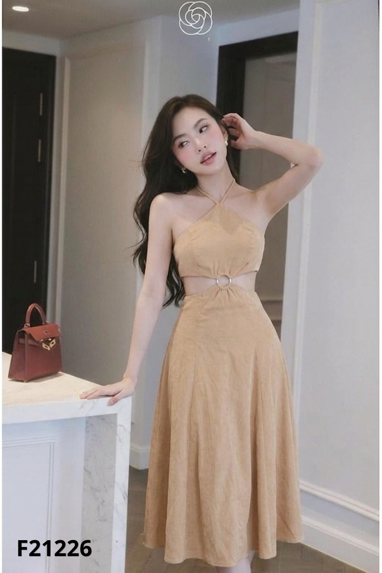 Váy CHOU CHOU lụa nâu cut eo