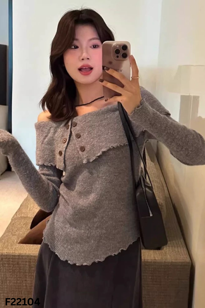 NEWTAG Áo trễ vai len xám