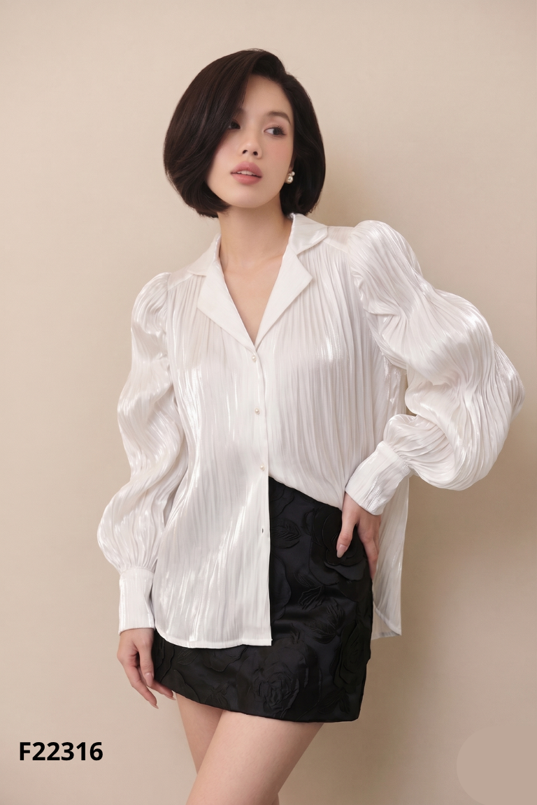 Áo organza I-QUEEN trắng tay chun