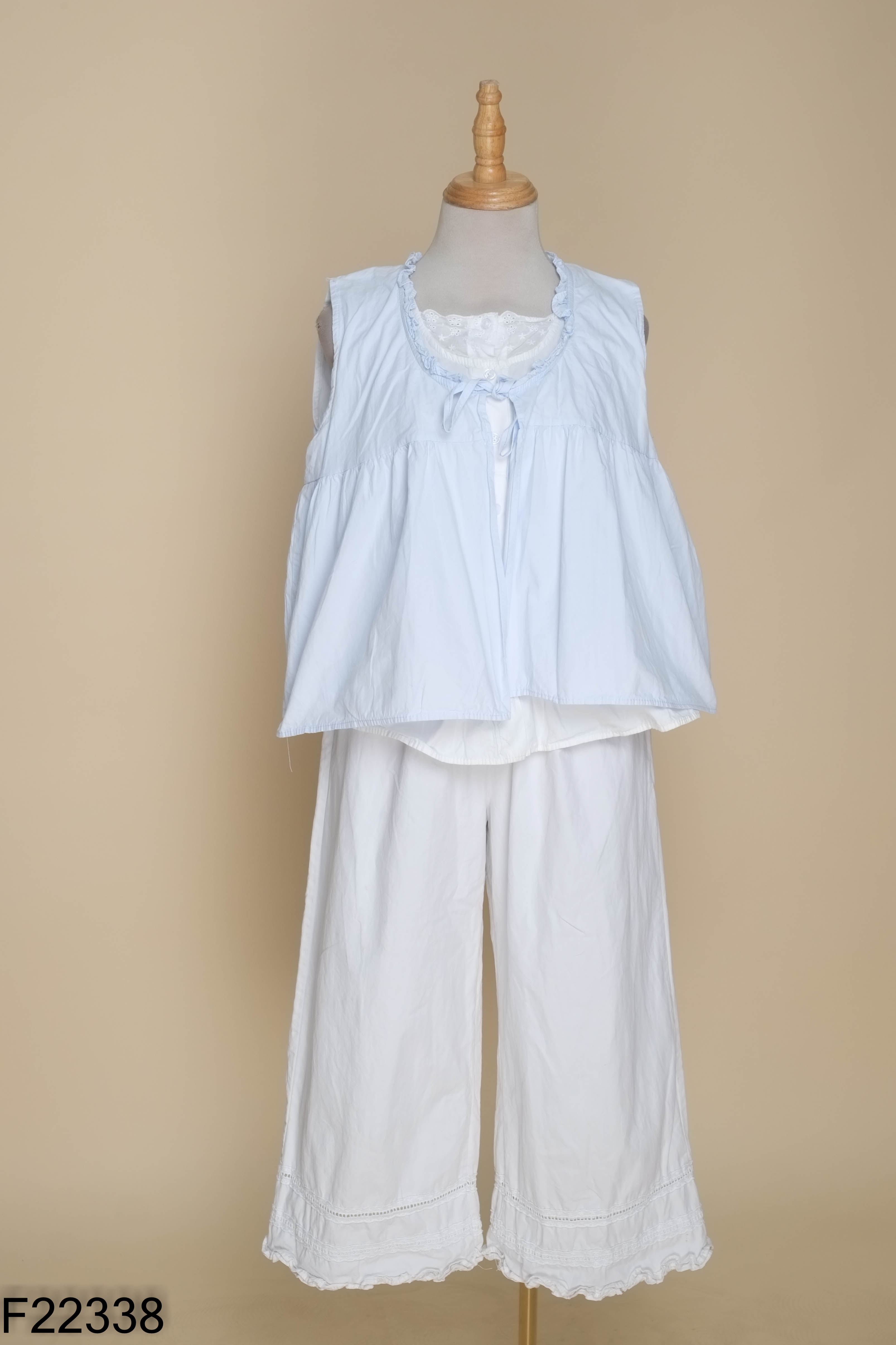 SET áo babydoll xanh mix trắng+ quần